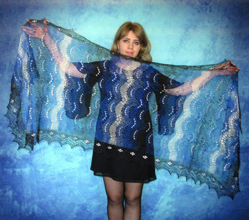 Gestrickter Ziegenflaum Schal Orenburger Schal Shawl Scarf mit Stikerei Handmade - Blau