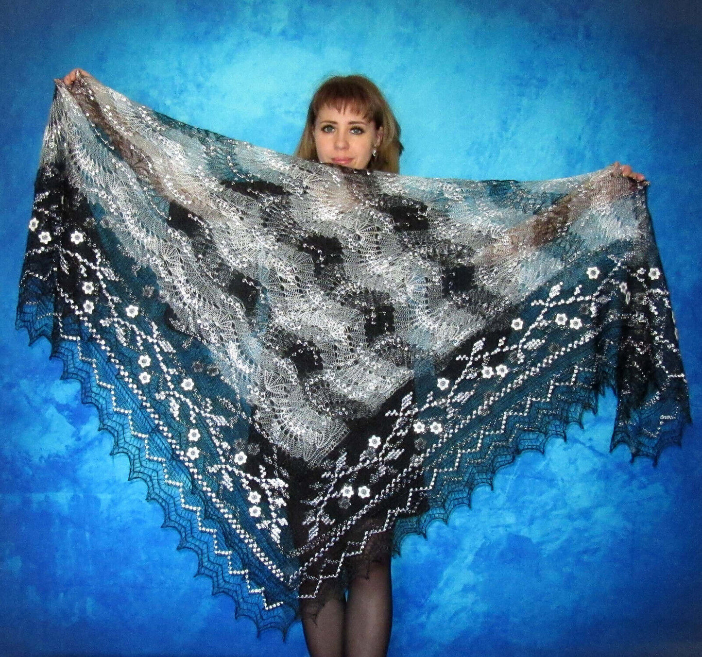 Gestrickter Ziegenflaum Schal Orenburger Schal Pelerina Strick Stola Handmade - Schwarz