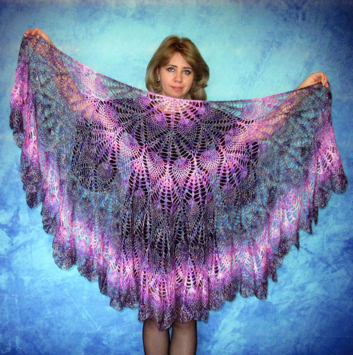 Gestrickter Ziegenflaum Schal Orenburger Schal Pelerina Strick Stola violet Handmade