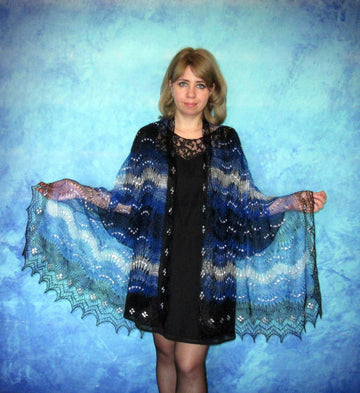 Gestrickter Ziegenflaum Schal Orenburger Schal Shawl Scarf mit Stikerei Handmade - Blau