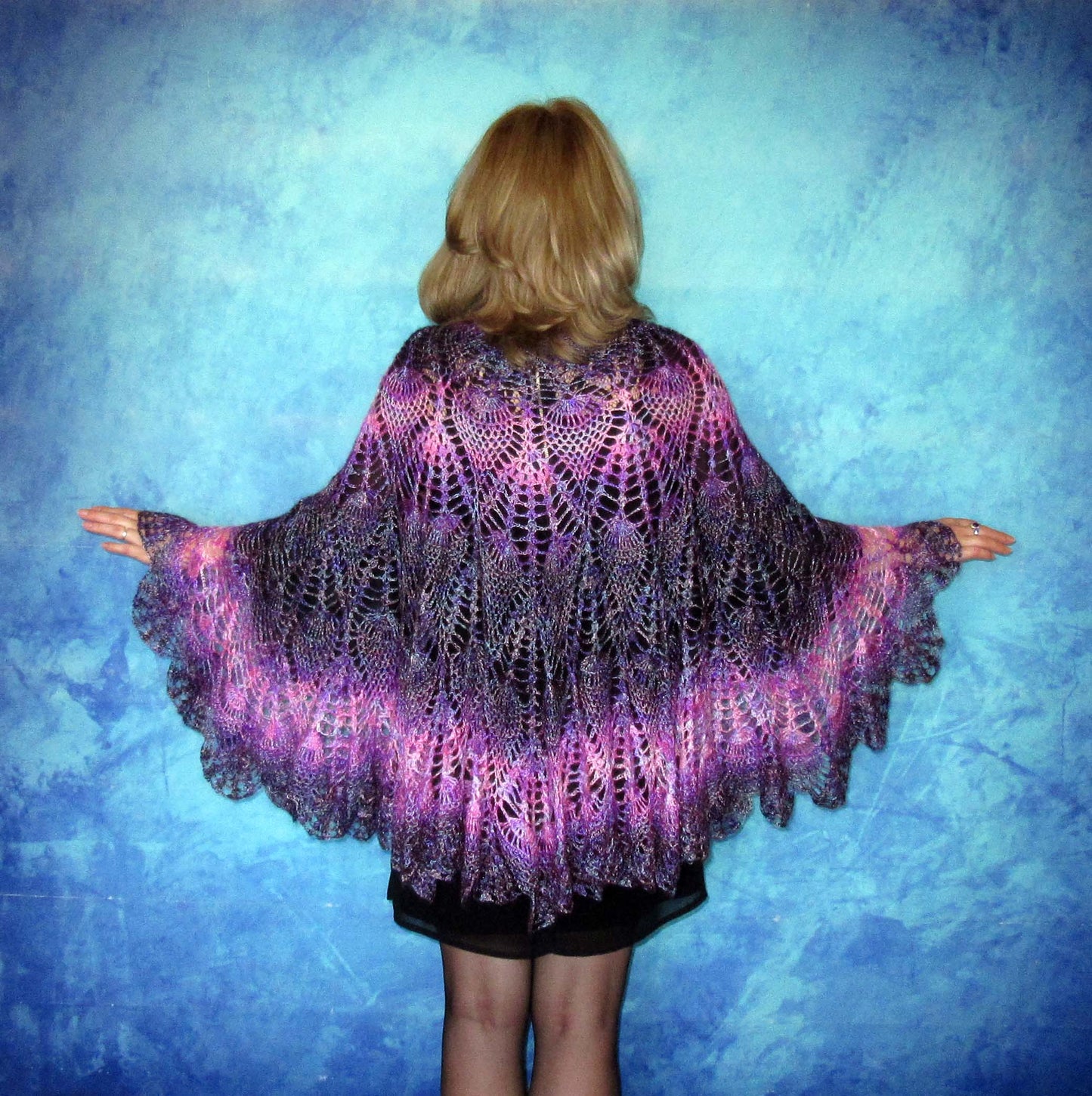 Gestrickter Ziegenflaum Schal Orenburger Schal Pelerina Strick Stola violet Handmade