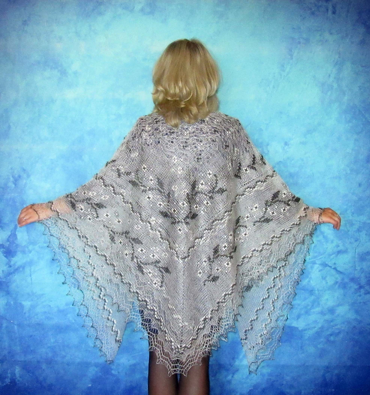 Orenburger Schal Gestrickter Ziegenflaum Schal Pelerina Strick Stola mit Stickerei Handmade