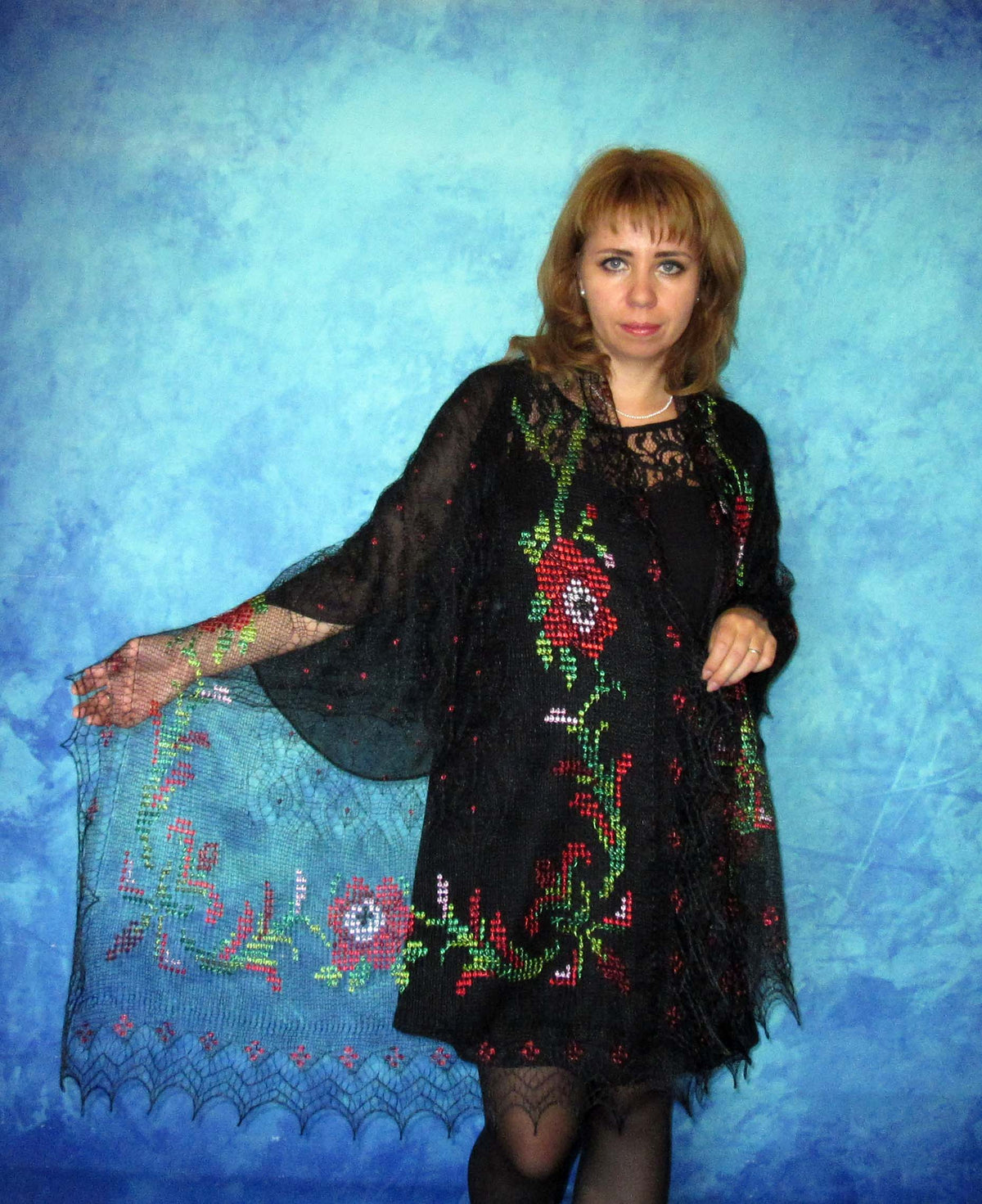 Gestrickter Ziegenflaum Schal Orenburger Schal Shawl Scarf mit Stikerei Handmade