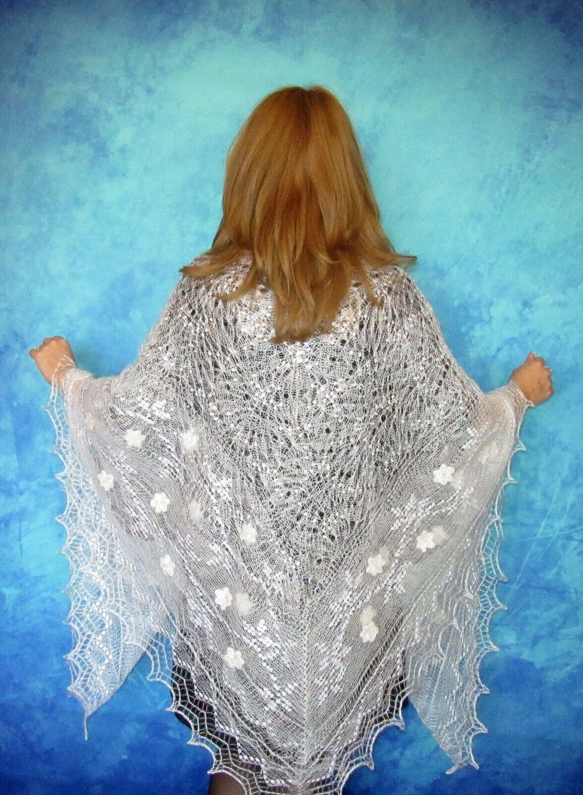 Orenburger Schal Gestrickter Ziegenflaum Schal Pelerina Strick Stola Handmade - Weiß