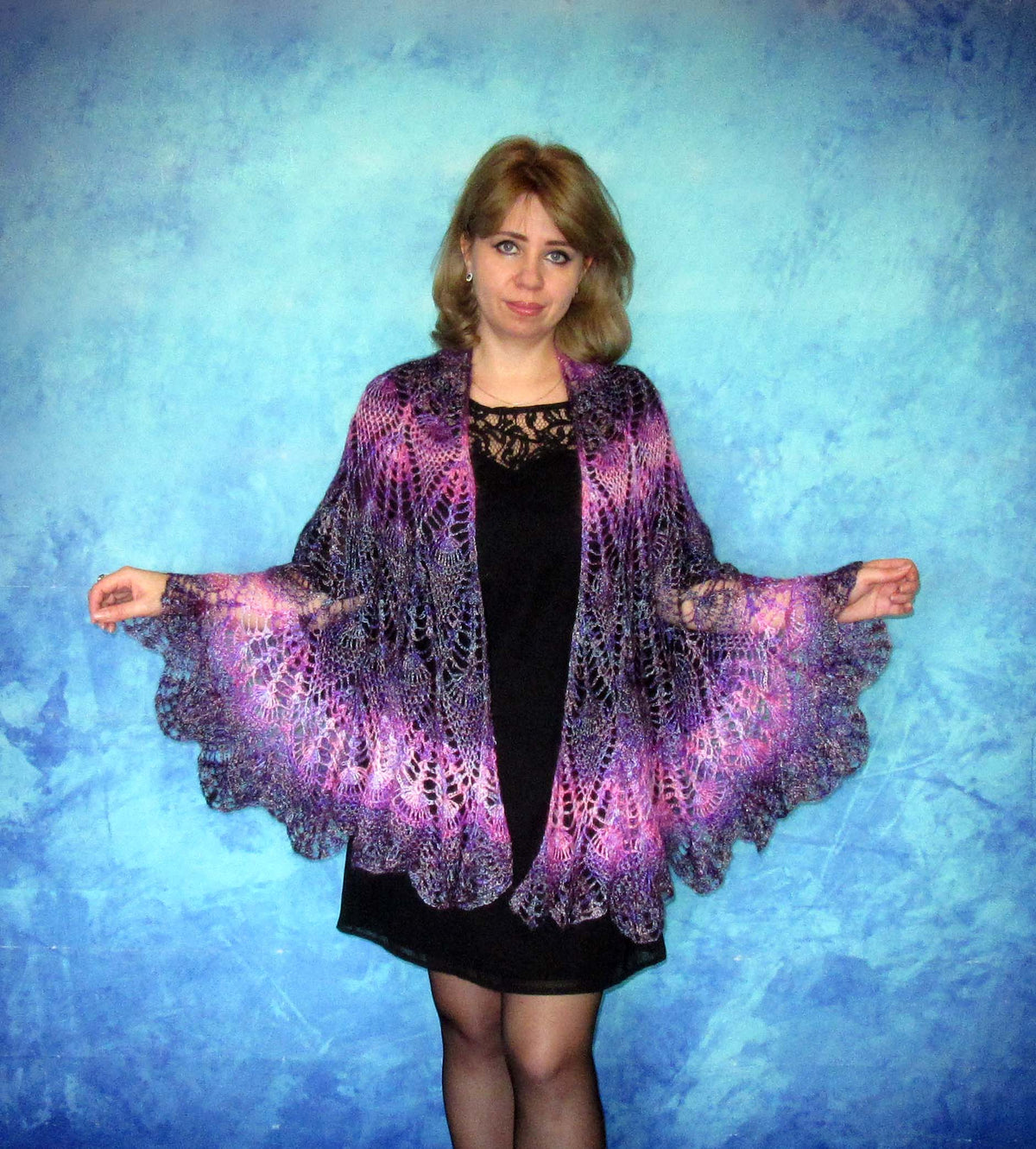 Gestrickter Ziegenflaum Schal Orenburger Schal Pelerina Strick Stola violet Handmade
