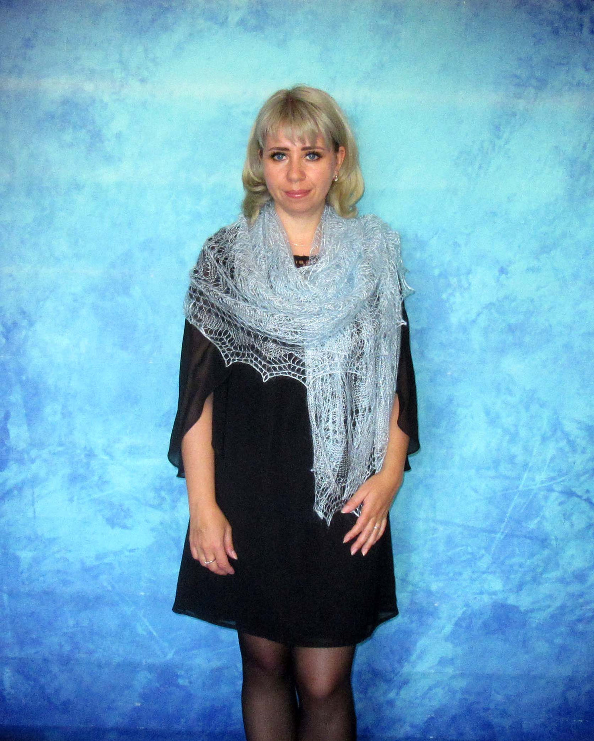 Gestrickter Ziegenflaum Schal Orenburger Schal Shawl Scarf Strick Stola Himmelblau Handmade