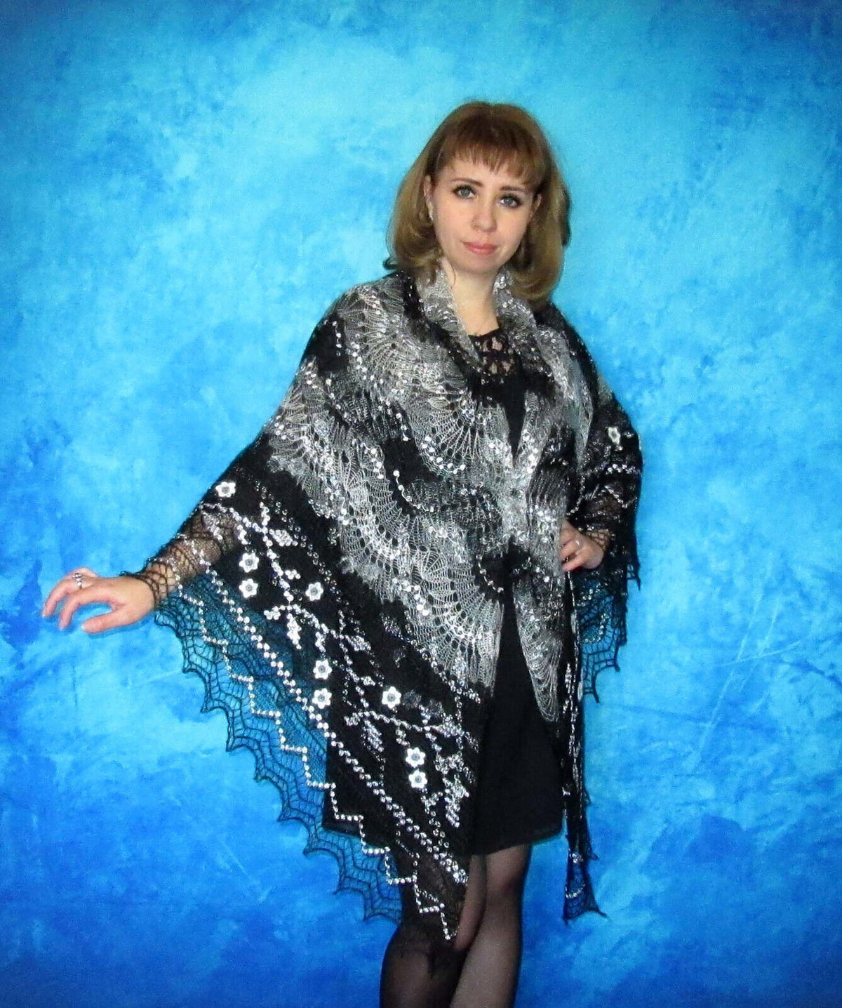 Gestrickter Ziegenflaum Schal Orenburger Schal Pelerina Strick Stola Handmade - Schwarz