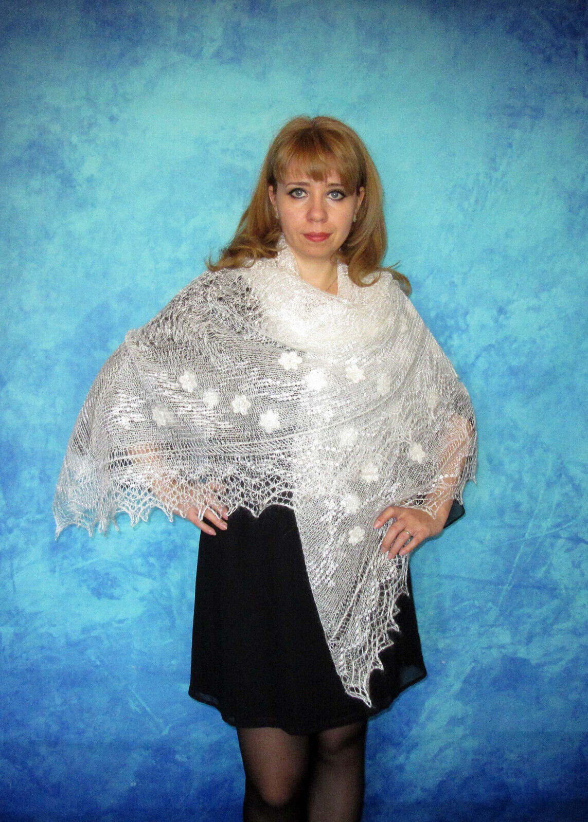 Orenburger Schal Gestrickter Ziegenflaum Schal Pelerina Strick Stola Handmade - Weiß