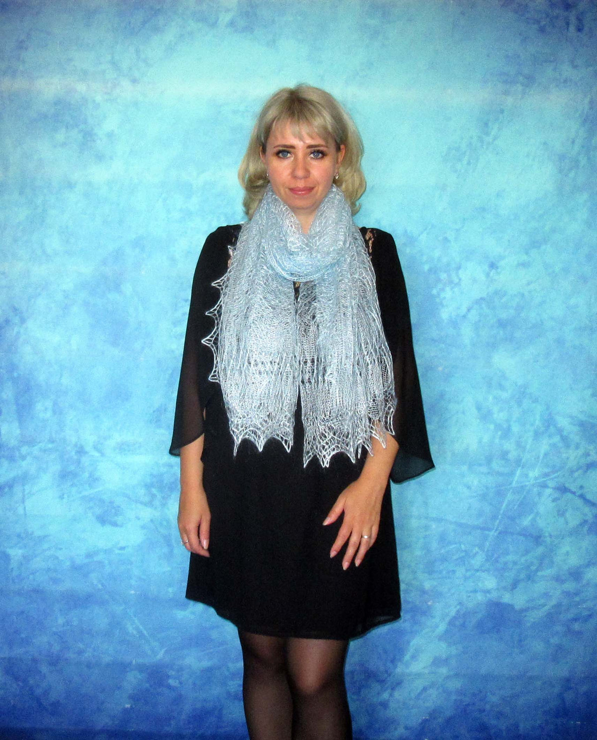 Gestrickter Ziegenflaum Schal Orenburger Schal Shawl Scarf Strick Stola Himmelblau Handmade