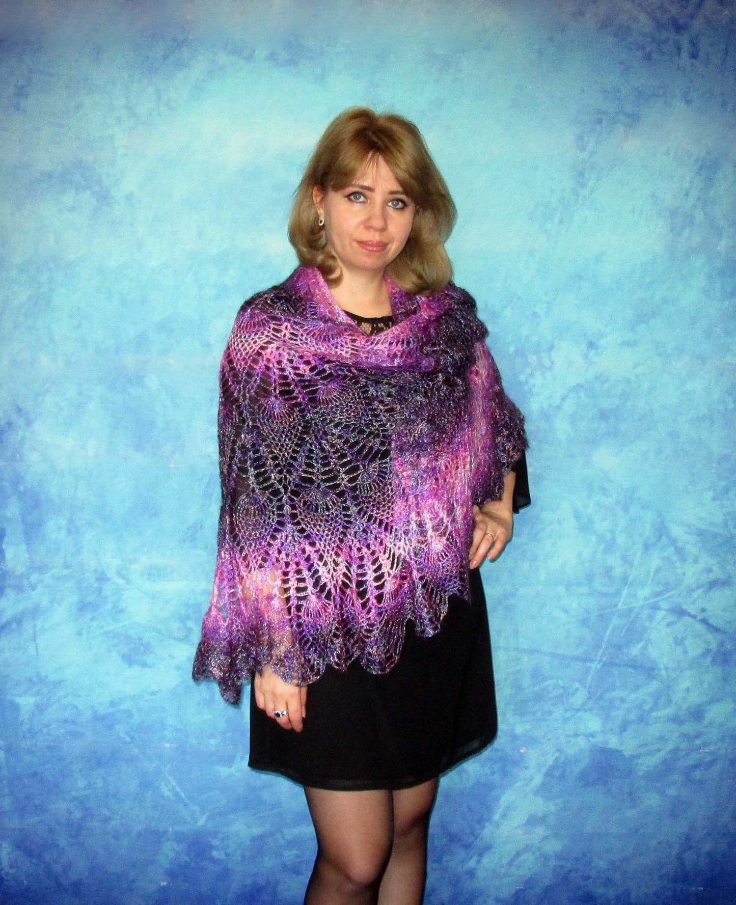 Gestrickter Ziegenflaum Schal Orenburger Schal Pelerina Strick Stola violet Handmade