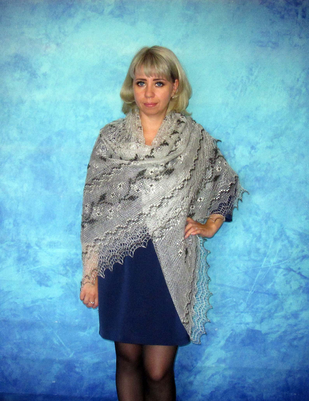 Orenburger Schal Gestrickter Ziegenflaum Schal Pelerina Strick Stola mit Stickerei Handmade