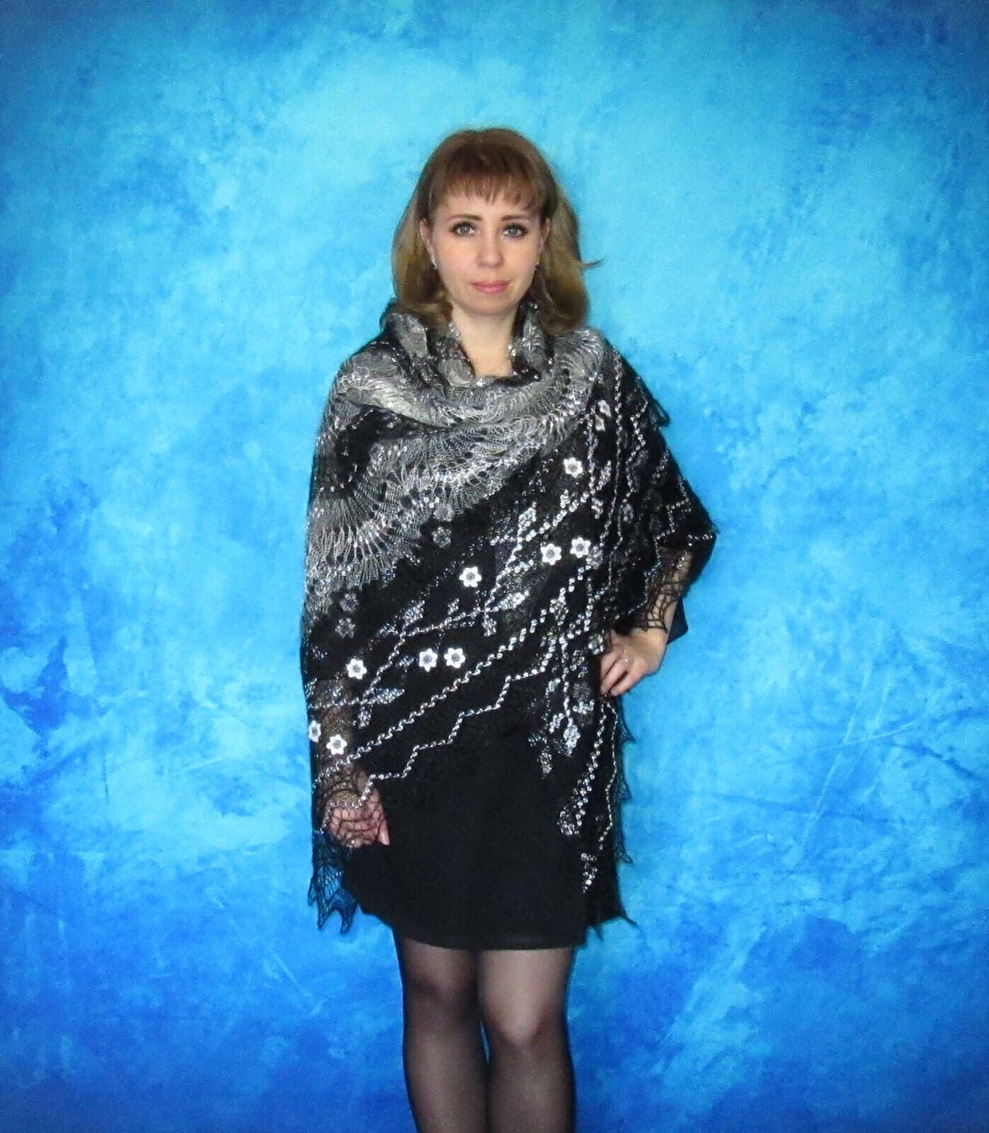 Gestrickter Ziegenflaum Schal Orenburger Schal Pelerina Strick Stola Handmade - Schwarz