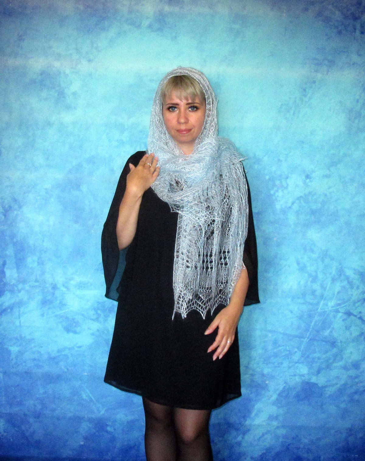 Gestrickter Ziegenflaum Schal Orenburger Schal Shawl Scarf Strick Stola Himmelblau Handmade
