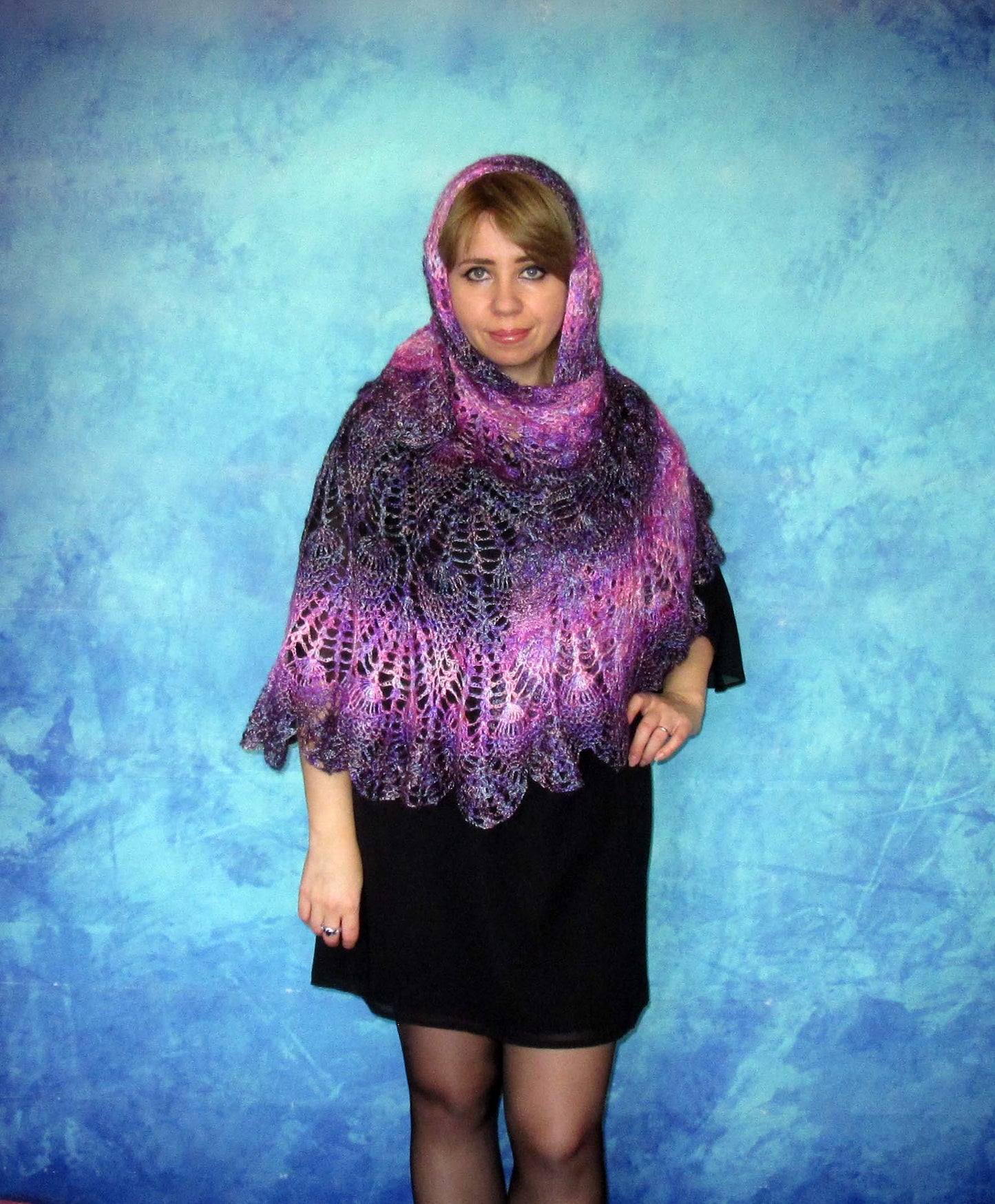 Gestrickter Ziegenflaum Schal Orenburger Schal Pelerina Strick Stola violet Handmade