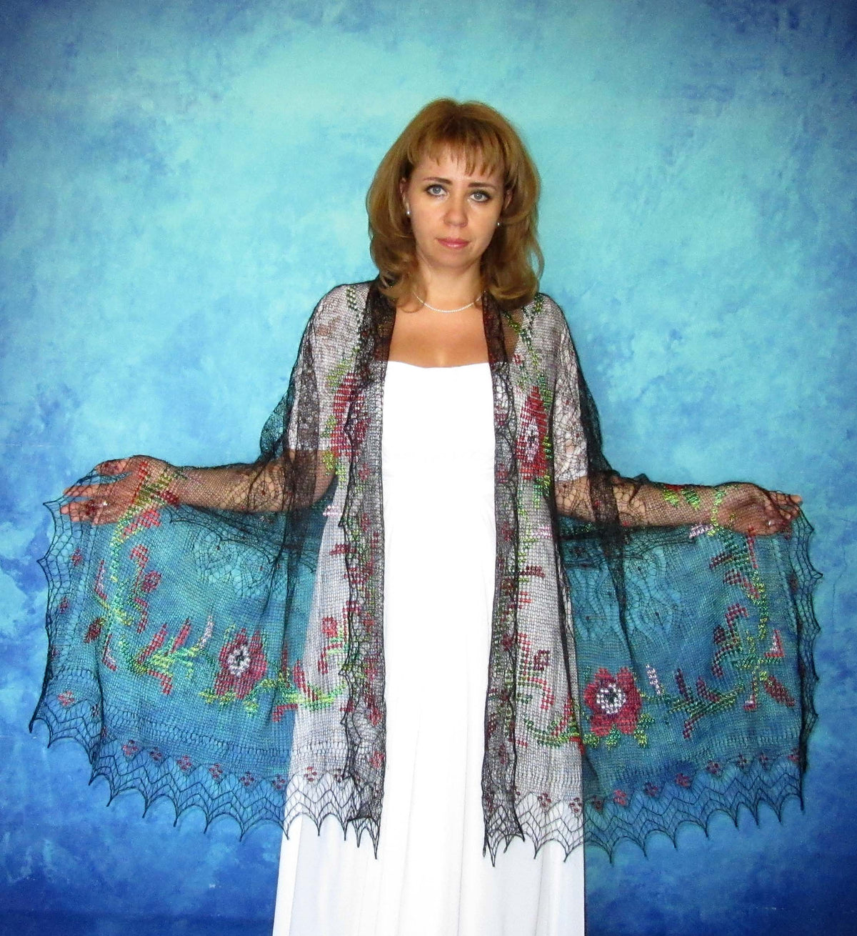 Gestrickter Ziegenflaum Schal Orenburger Schal Shawl Scarf mit Stikerei Handmade